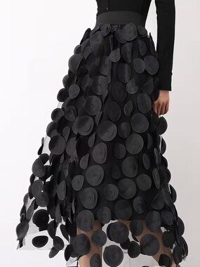 Polka Dot Applique High Waisted Skirt Black
